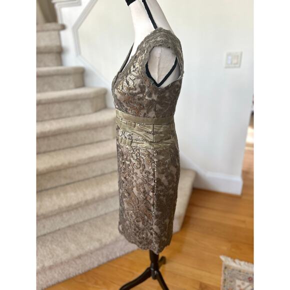 Tadashi Shoji Bronze Brown Sequin Lace V-Neck Sheath Dress - Picture 6 of 8